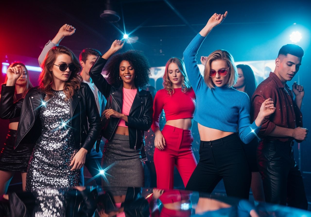 Mladí lidé tančí v barevném klubu v disco oblečení za dynamického osvětlení.