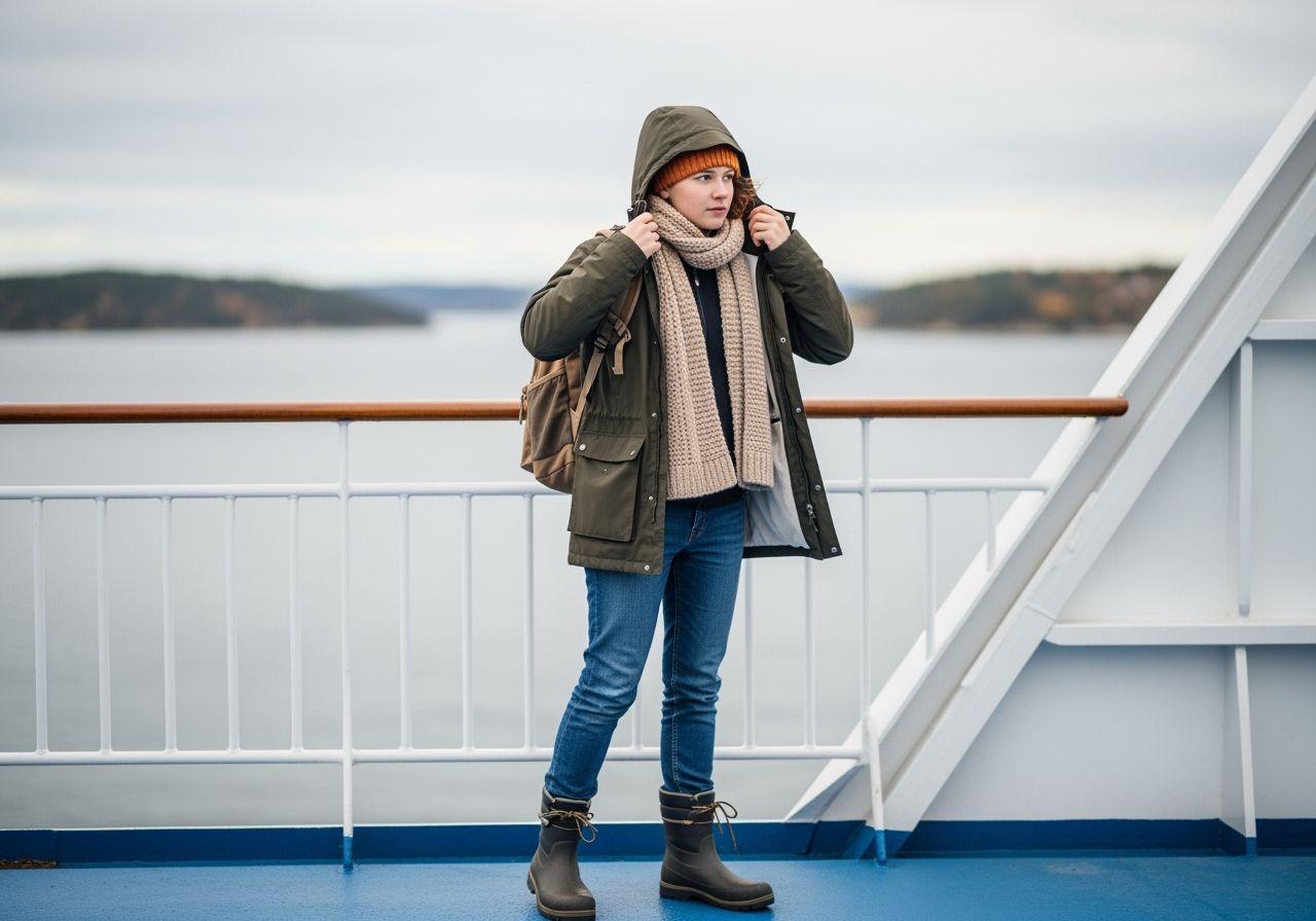 Mladý člověk na trajektu do Švédska v teplém oblečení při podzimním dni pod zamračenou oblohou