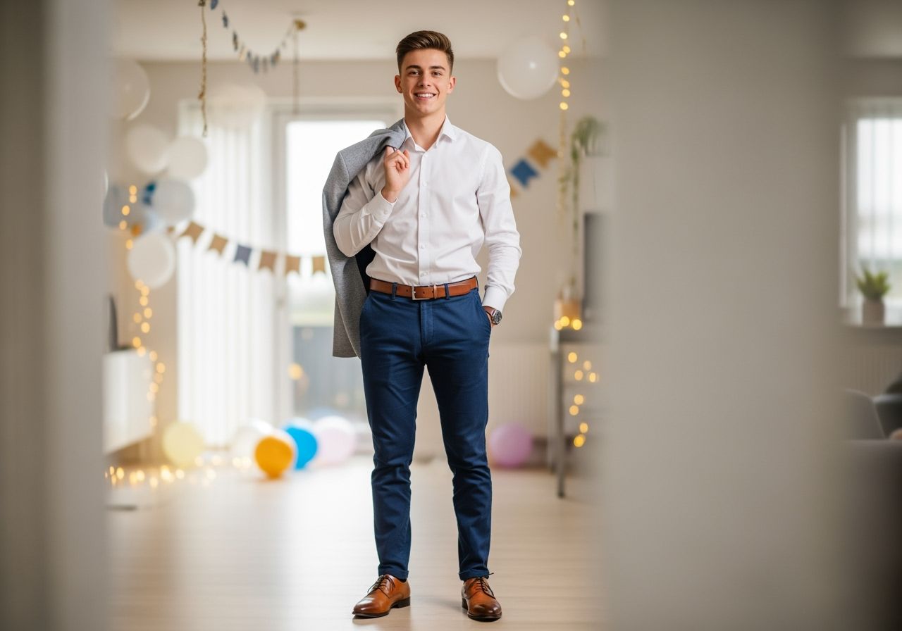 Mladý muž v полуформálním oblečení na osmnáctinové party v moderním obýváku s dekoracemi.