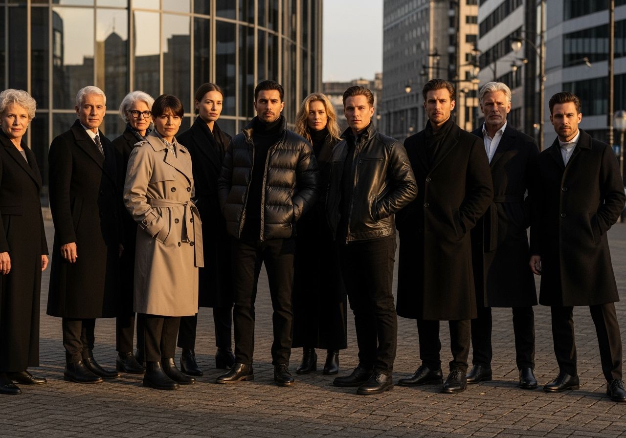 Skupina lidí v různých černých kabátech stojí na městské ulici za zlaté hodiny.