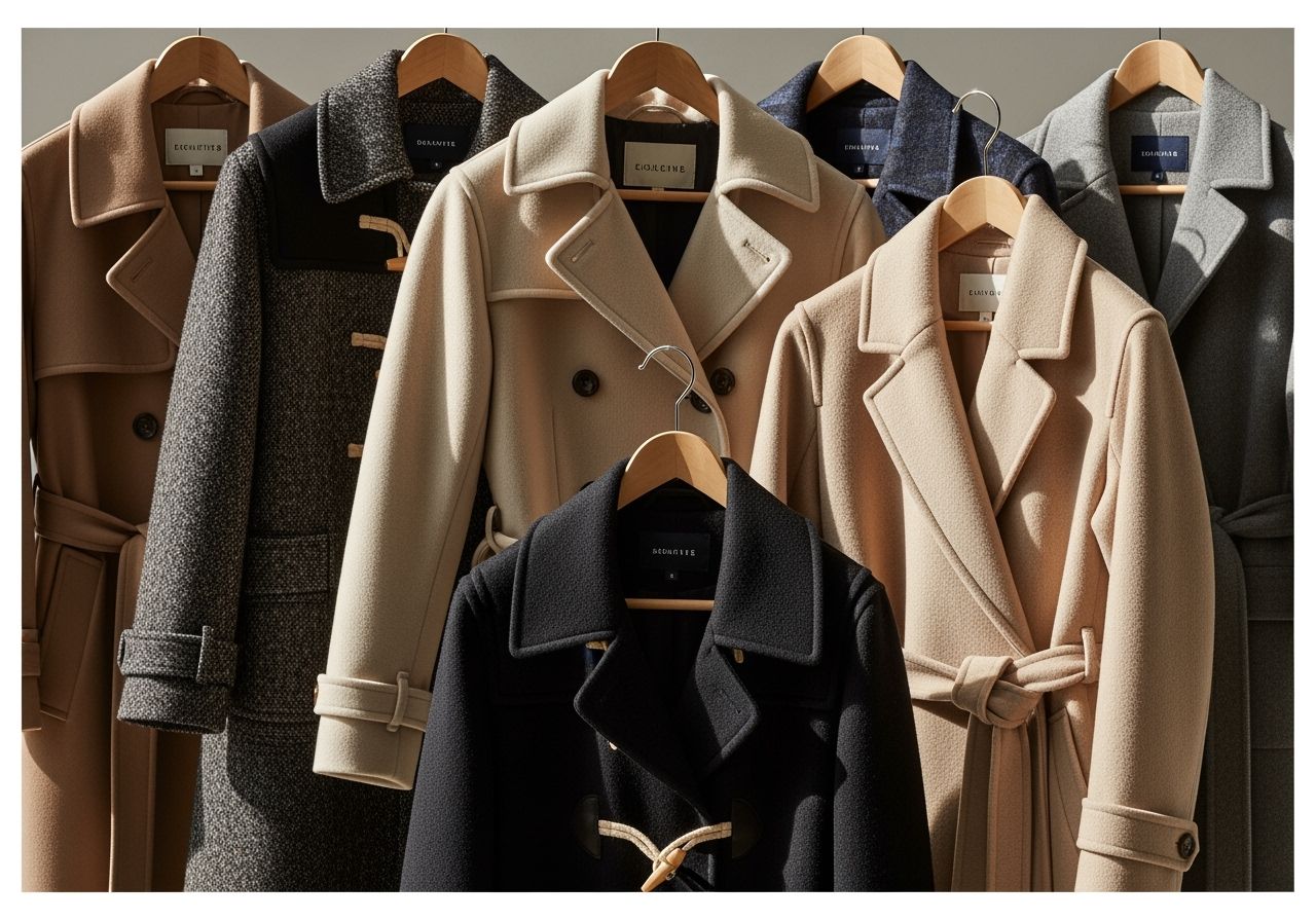 Různé kabáty na dřevěných ramínkách, různé styly a textury, fotografie ve světlém neutrálním prostředí