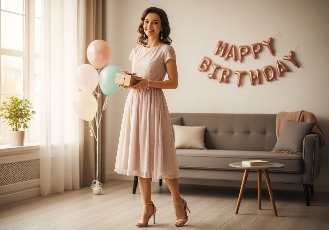 Mladá žena v pastelových šatech drží dárek v osvětleném obýváku s balónky a narozeninovým banerem.