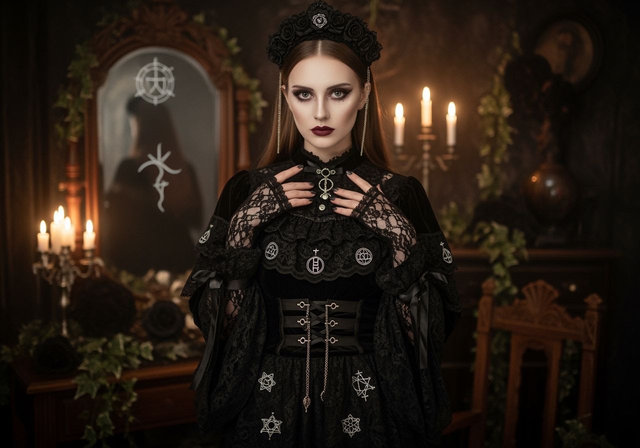 Mladá žena v sabatovém černém oděvu s mystickými symboly v gotické místnosti při svíčkách