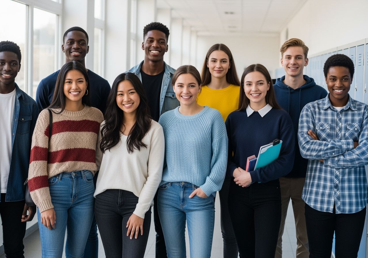 Skupina usměvavých teenagerů ve školním oblečení stojí v jasné chodbě školy s šatnami.