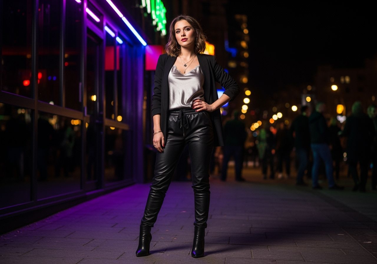 Mladá žena ve stylovém oblečení stojí před nočním klubem za jasných barevných světel.