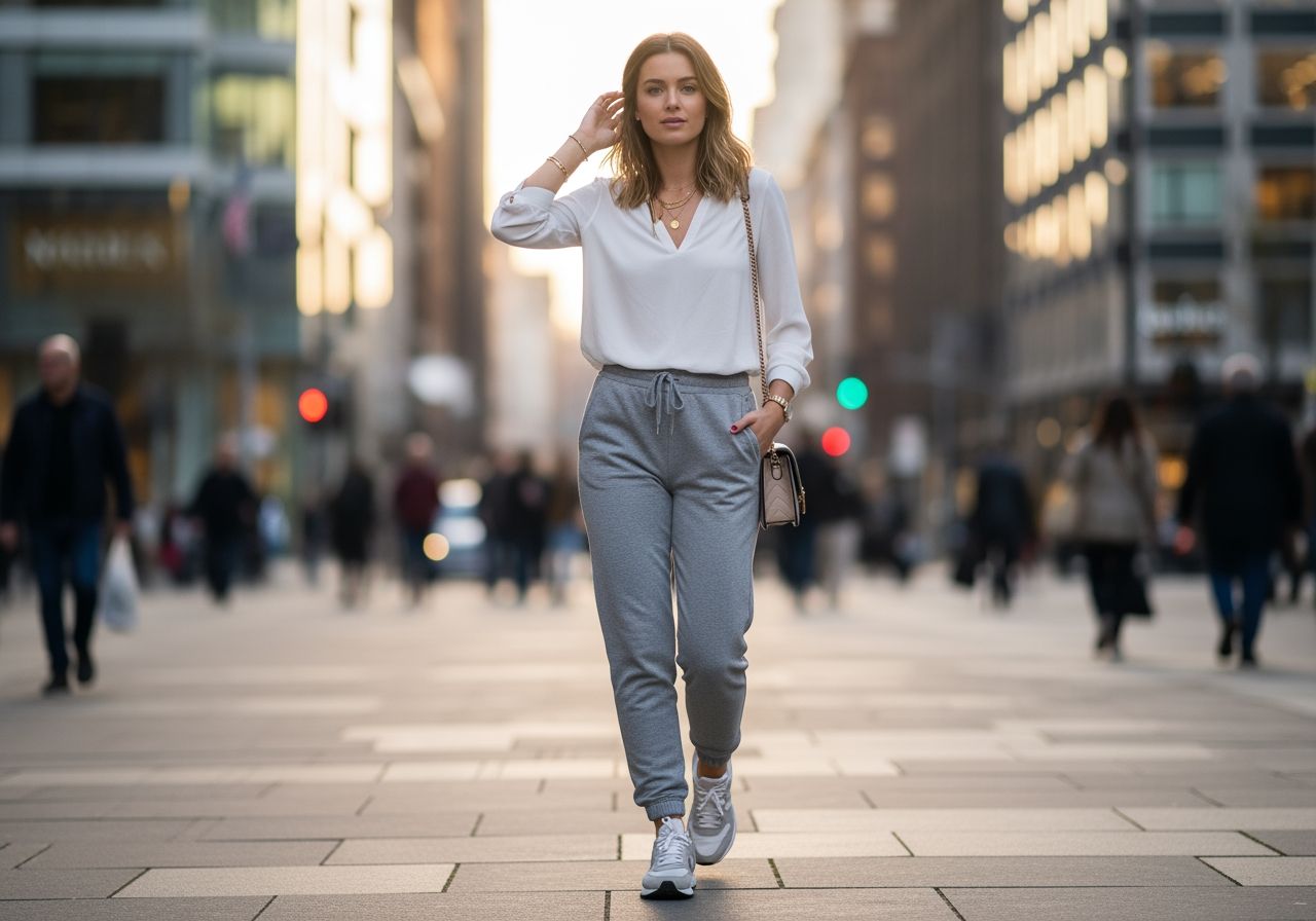 Mladá žena ve městě za zlaté hodiny v šedých teplácích, bílé blůze a teniskách.