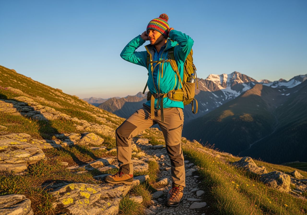 Osoba v horách v vrstveném oblečení a barevné čepici při zlaté hodině.
