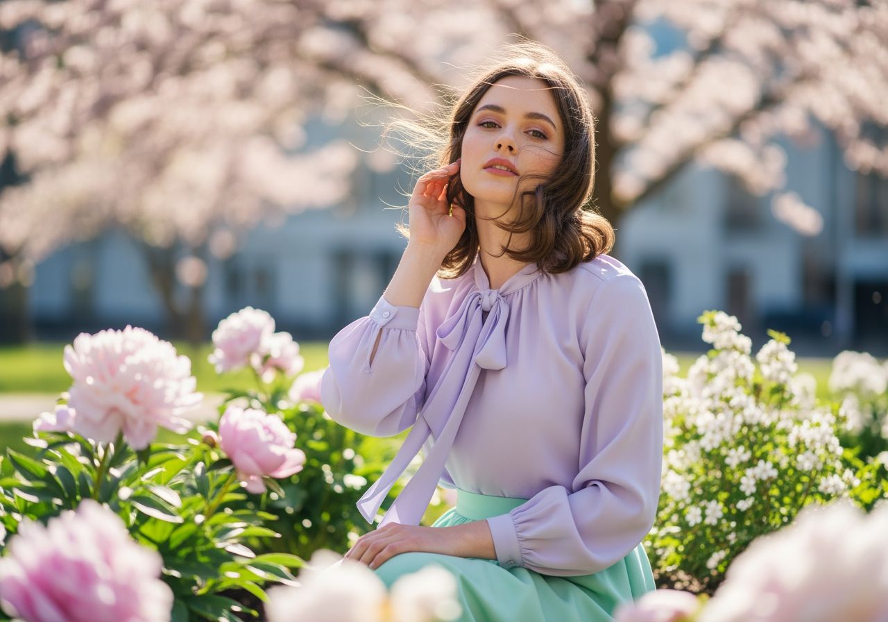Mladá žena v pastelovém oblečení v jarním parku obklopená květinami a jemným světlem.