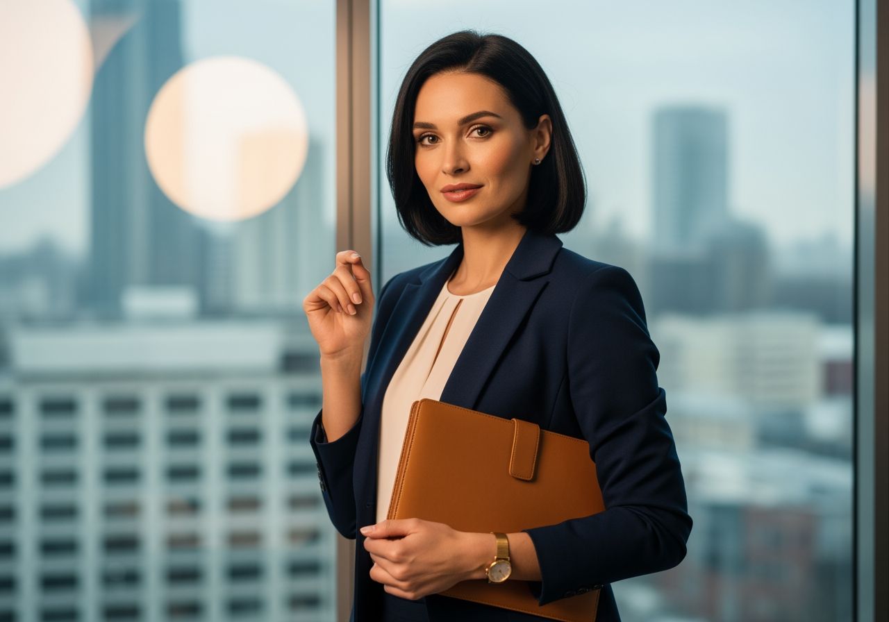 Profesionální žena v kanceláři s koženým portfoliem, v modrém saku, město za oknem, ostře zaostřená.
