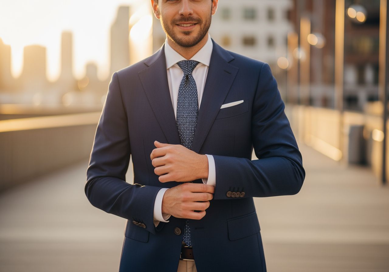 Muž v modrém saku upravuje manžety, městské pozadí za zlaté hodiny.