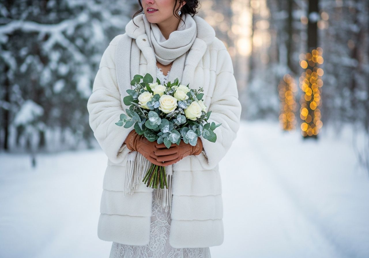 Nevěsta v zimním outfitu stojí na zasněžené cestě s kyticí růží a eukalyptu mezi zasněženými stromy.