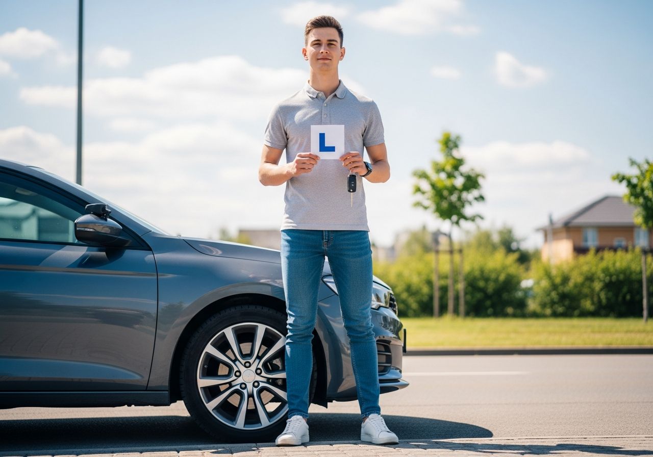 Mladý člověk s řidičským průkazem a klíči stojí vedle moderního auta na klidné ulici.