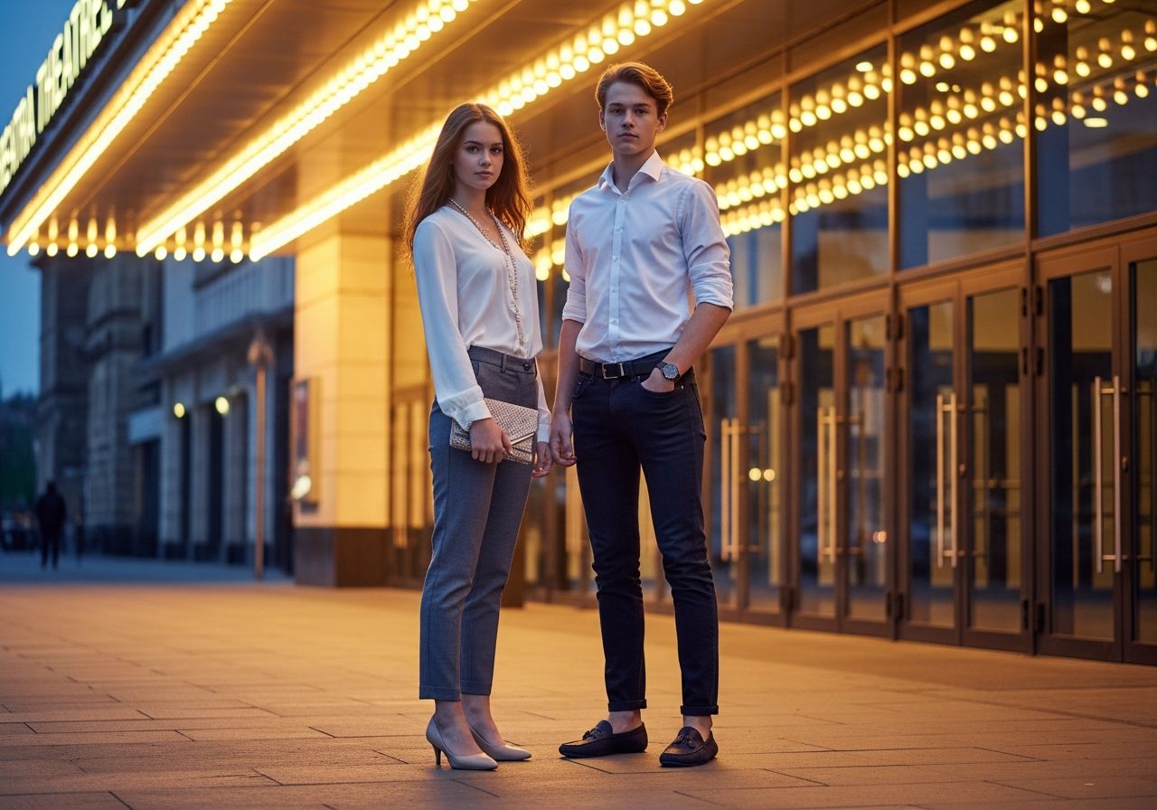 Stylově oblečený mladý pár před moderním divadlem s osvětleným marquee večer