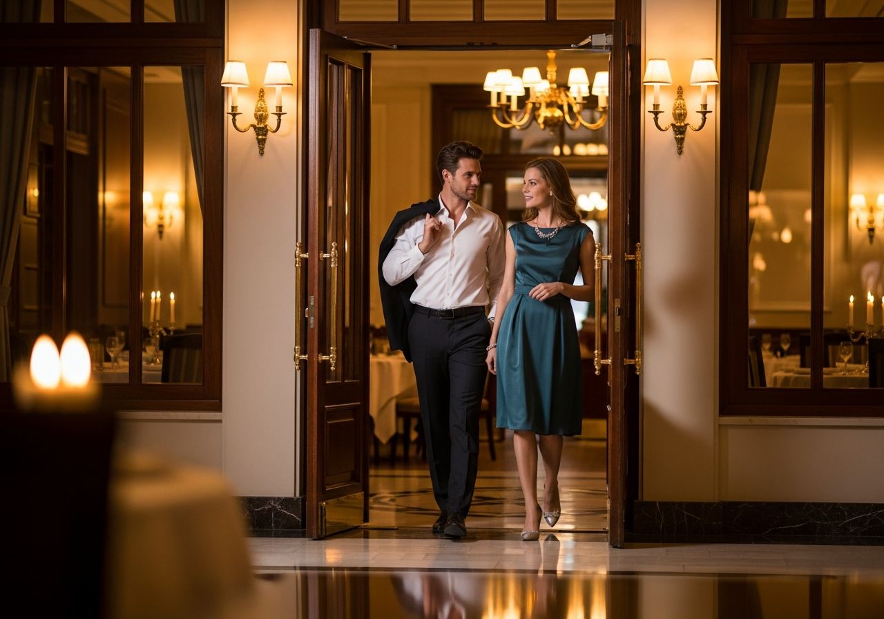 Muži a ženy přicházejí k elegantnímu hotelovému vchodu na večeři večer.