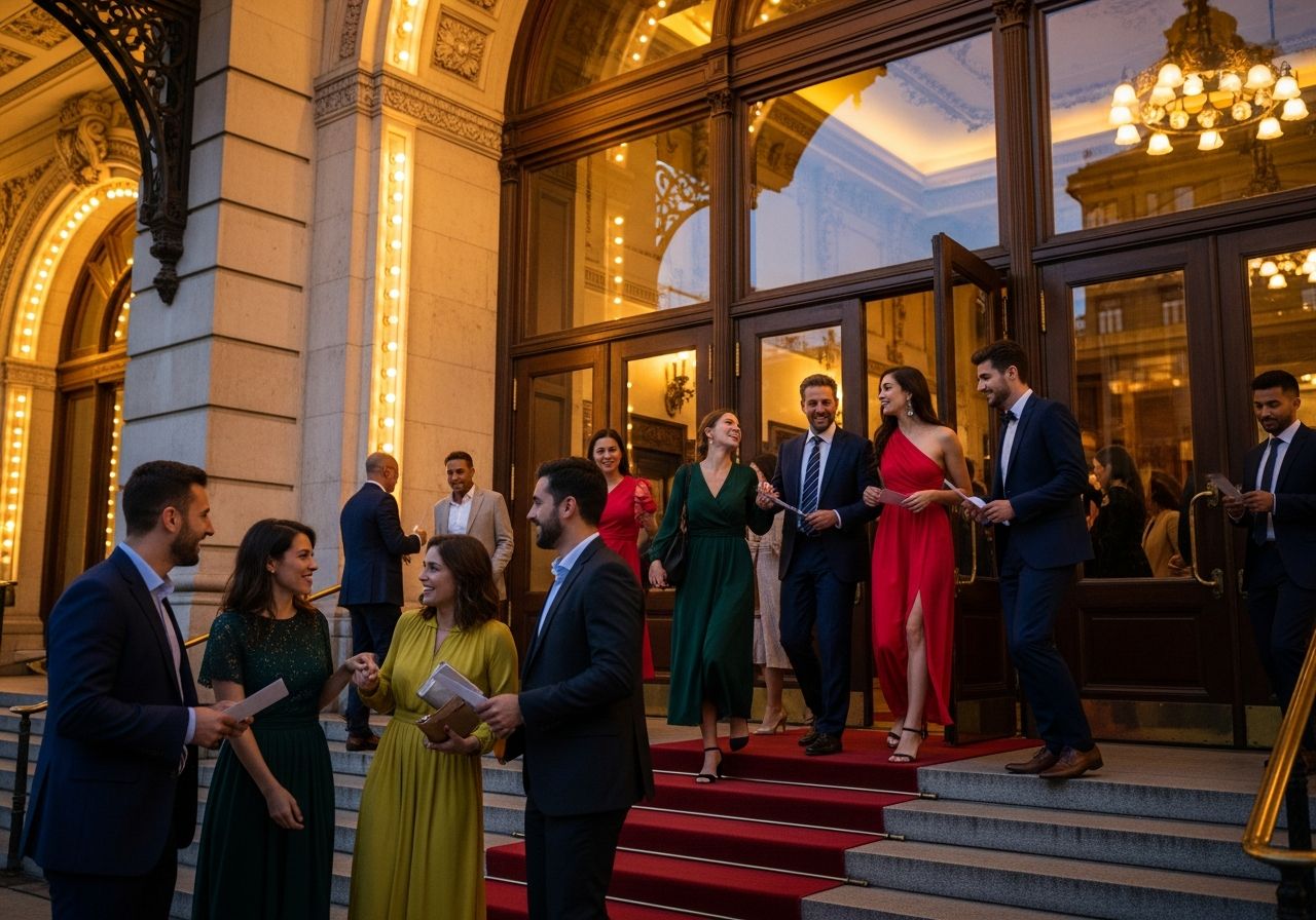 Lidé vstupují do divadla za soumraku, osvětlené vstupní dveře a červený koberec vedoucí ke schodům