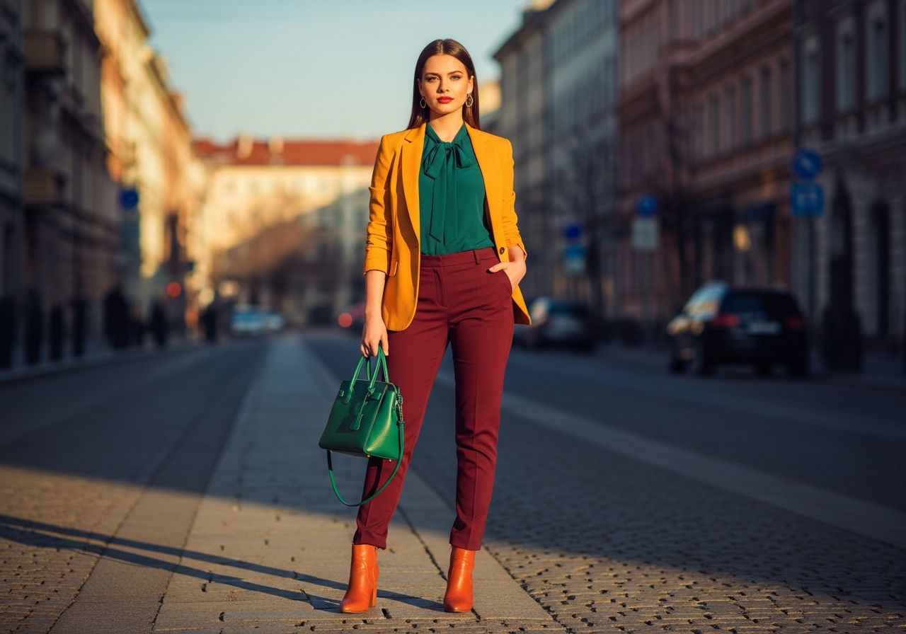 Stylová žena v ulici ve výrazném pestrobarevném outfitu s kabelkou během zlaté hodiny