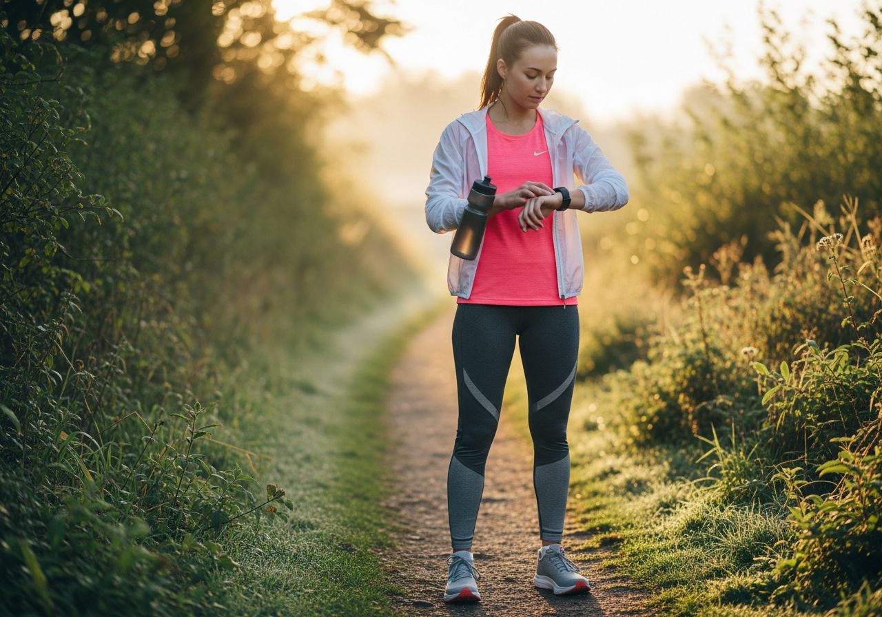 Mladá žena v běžeckém oblečení drží láhev vody a kontroluje fitness náramek na lesní stezce ráno.