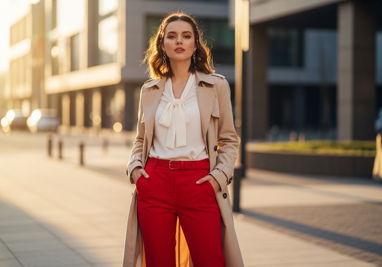 Mladá žena v červených kalhotách a bílém topu stojí na městské ulici za zlaté hodiny