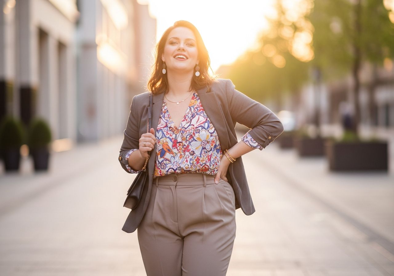 Mnohemá žena v moderním městě za zlaté hodiny v elegantním oblečení s přirozeným výrazem radosti