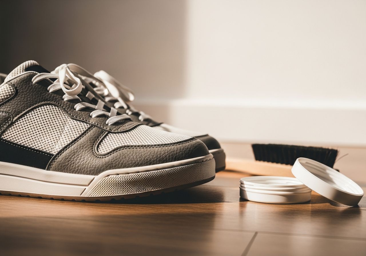 Detailní snímek stylových tenisek, kartáče a čističe na dřevěné podlaze při přirozeném světle.