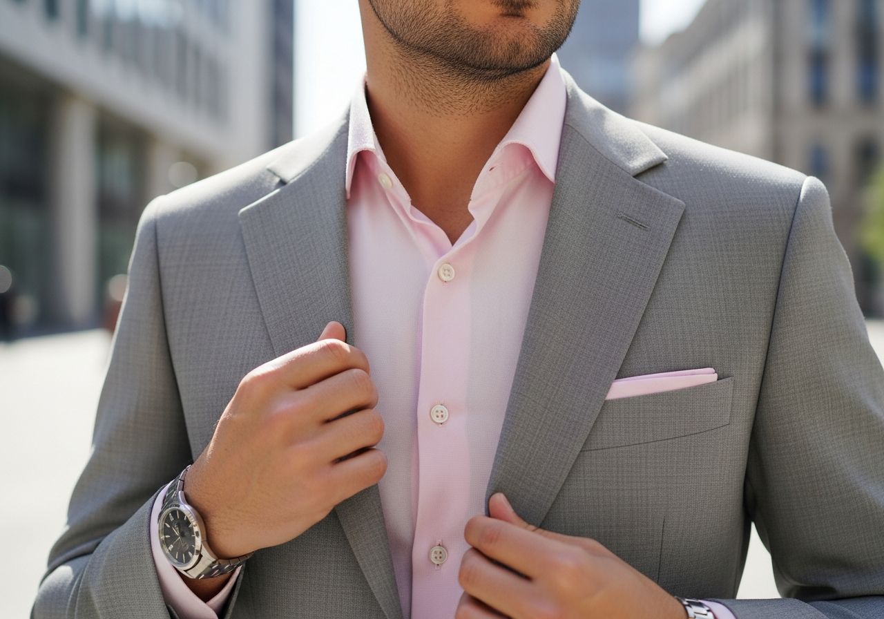 Muž v šedém obleku a růžové košili s hodinkami ve městě na rozostřeném pozadí