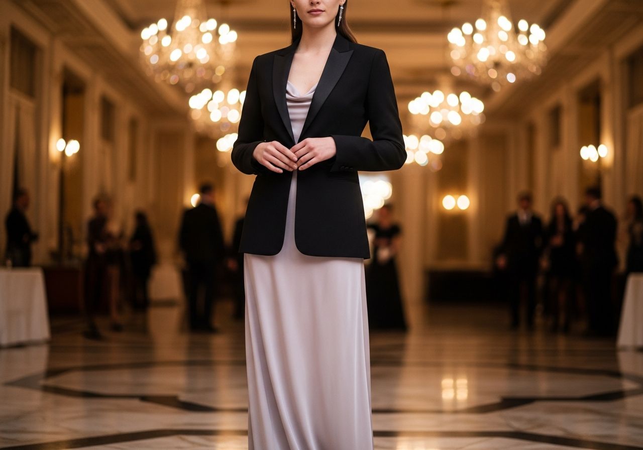 Žena v černém saku a dlouhých šatech v luxusní sále s mramorovou podlahou a lustry.