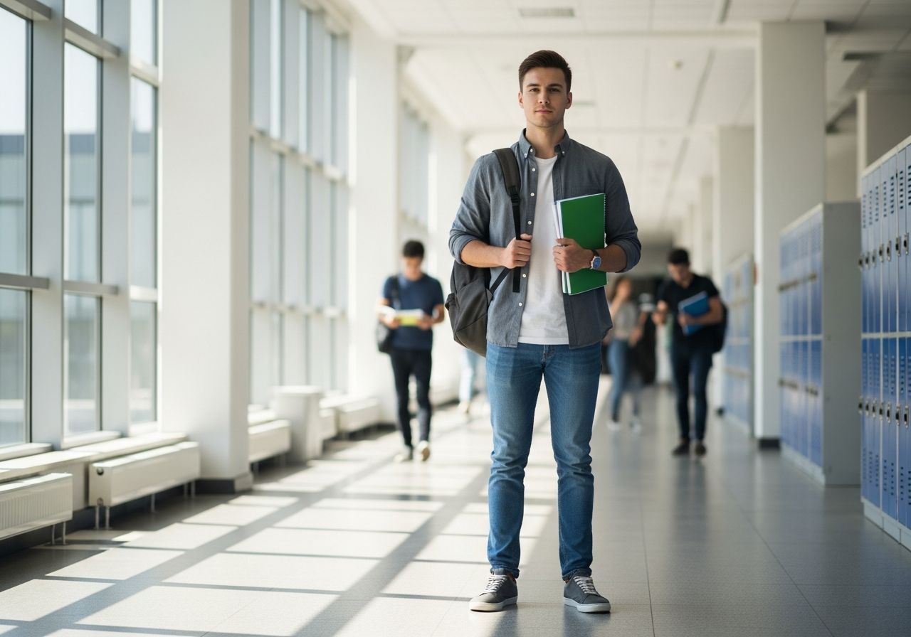 Mladý student na univerzitě drží batoh a sešity v chodbě před zkouškou za denního světla.