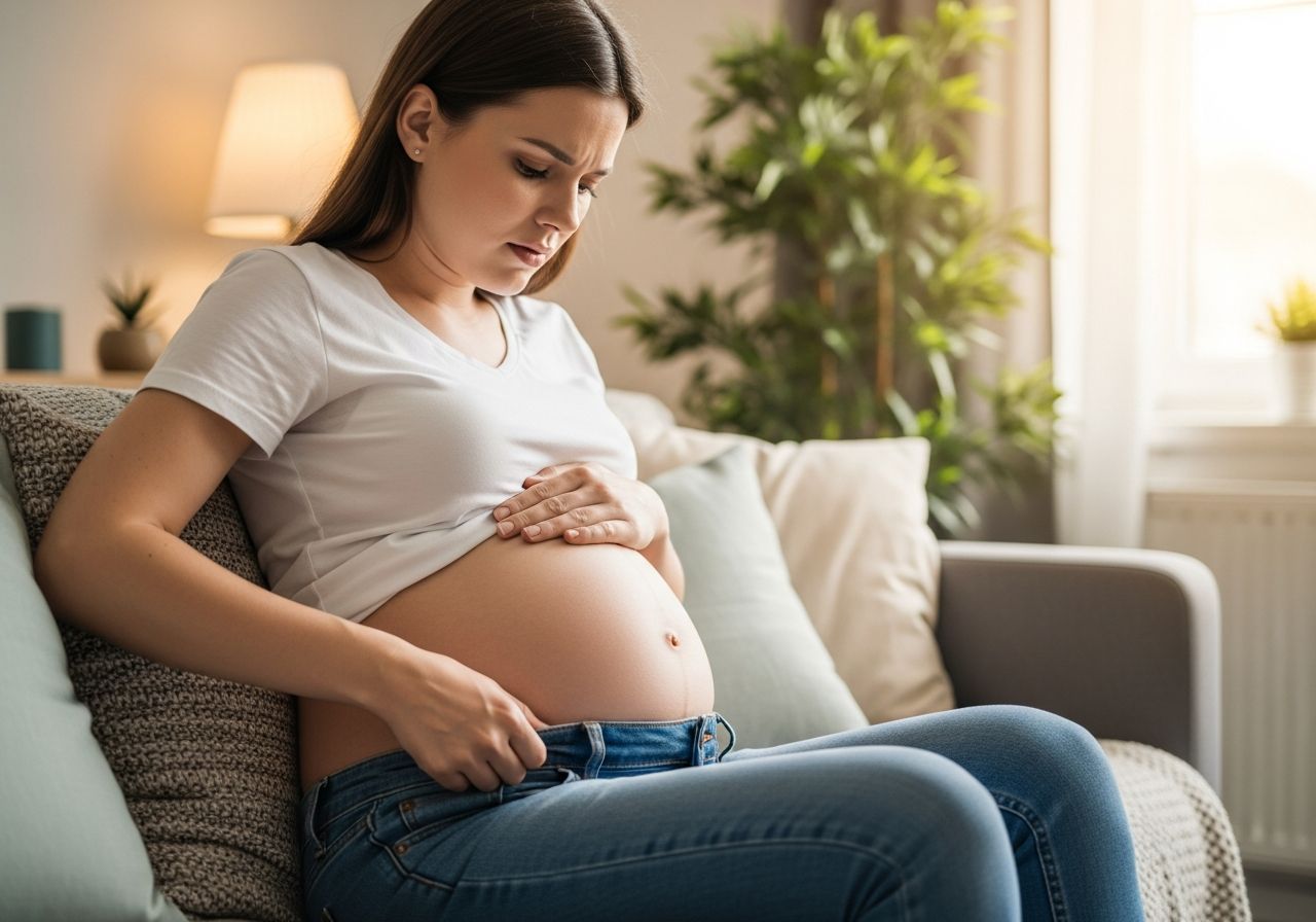 Těhotná žena sedí doma na gauči, upravuje si těsné džíny a drží si břicho.