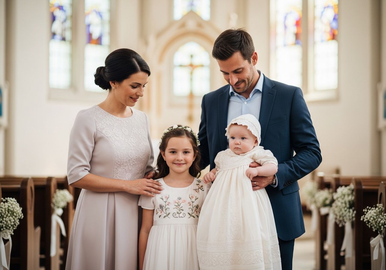 Stylová rodina čtyř osob připravená na křest v elegantním kostele s barevnými vitrážemi.