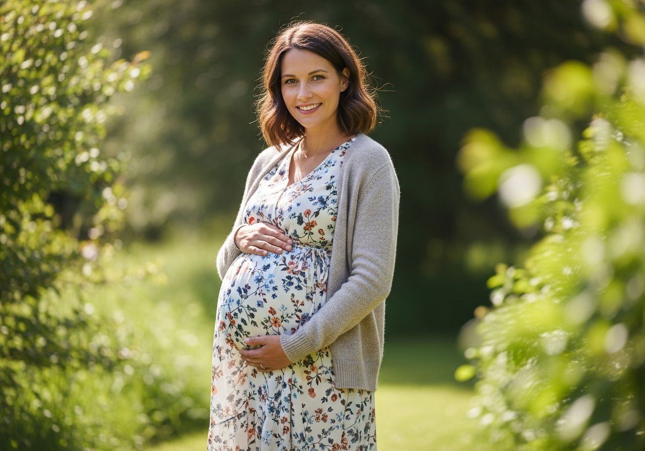 Stylová těhotná žena venku v pohodlném oblečení drží břicho, okolní zeleň, přirozené světlo