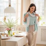Mladá žena v pastelovém jarním outfitu v slunečné jídelně s velikonoční výzdobou a květinami