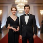 Mladý pár v elegantním oblečení na červeném koberci při slavnostní události s rozostřeným pozadím.