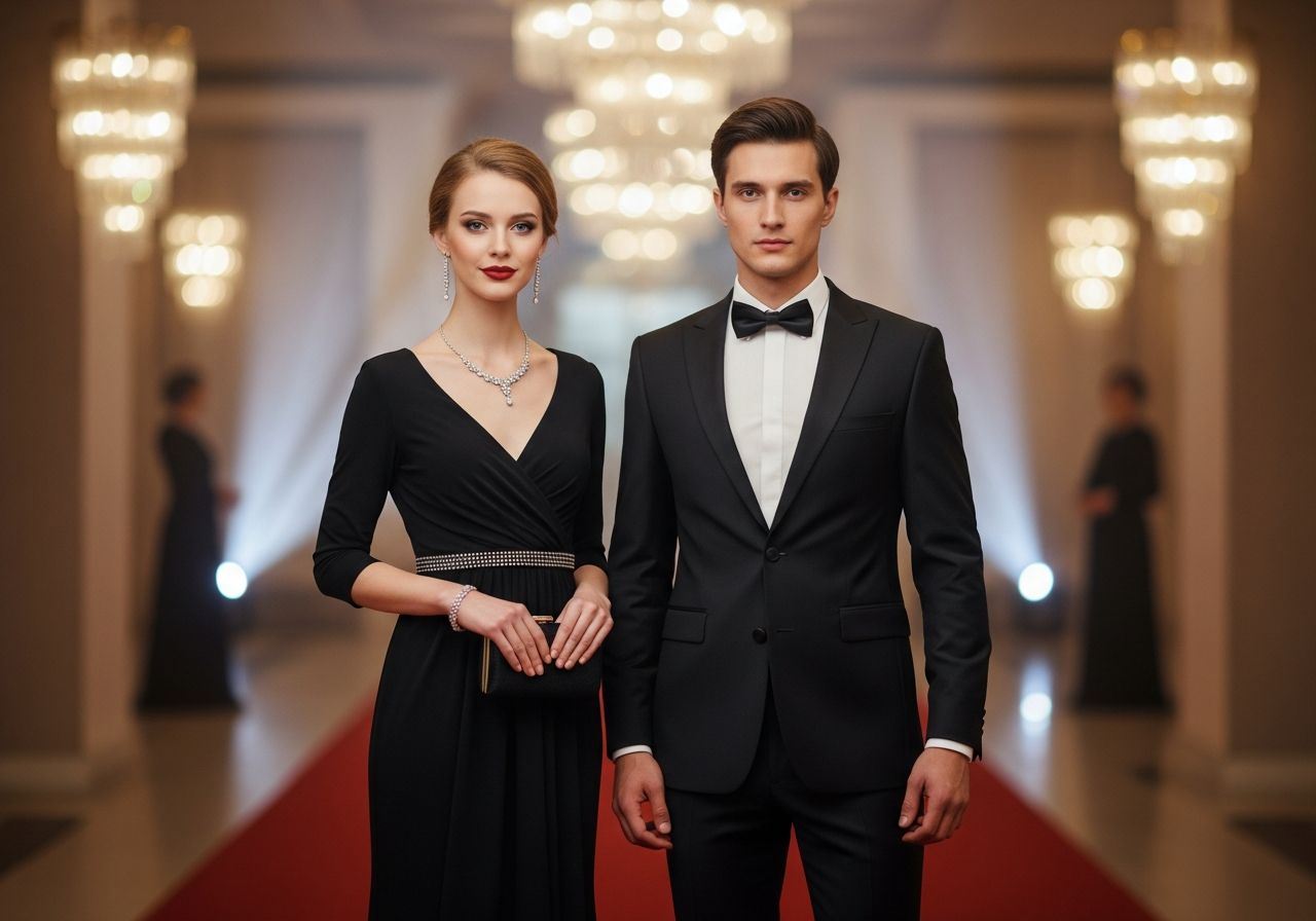 Mladý pár v elegantním oblečení na červeném koberci při slavnostní události s rozostřeným pozadím.