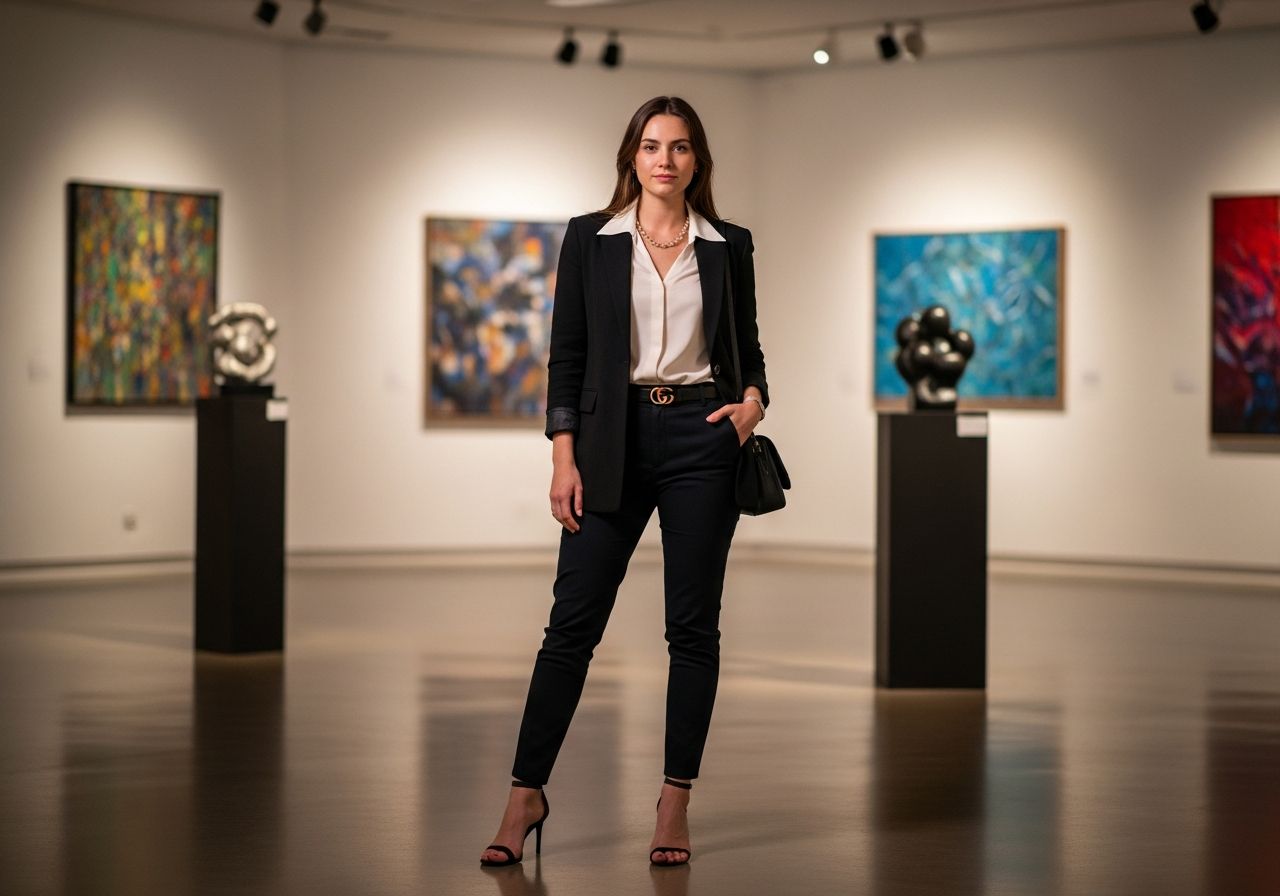 Mladá žena v moderní galerii umění během večerní vernisáže v elegantním outfitu