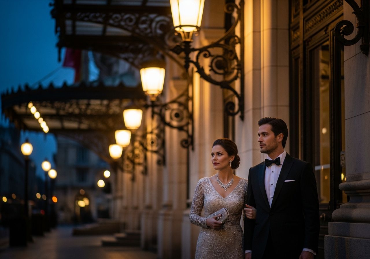 Stylový pár opouští operu za soumraku, osvětlení od reflektorů a lamp vytváří teplou atmosféru.