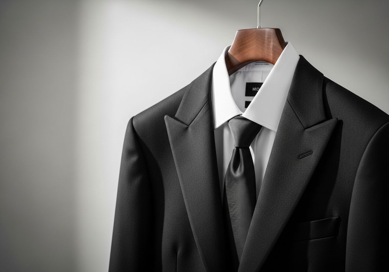 Klasický černý pohřební oblek na dřevěném ramínku na šedém pozadí s bílou košilí a černou kravatou