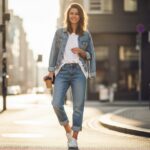 Mladá žena stojí na ulici v modrých džínách, bílé košili a světle modré džínové bundě s kávou v ruce.