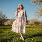 Mladá žena v jarní louce s velikonočními vajíčky, v květinové sukni a pleteném svetru.