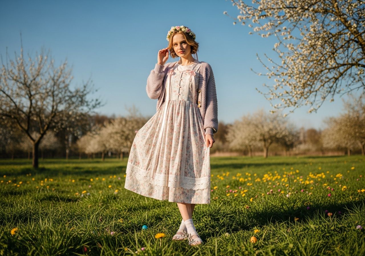 Mladá žena v jarní louce s velikonočními vajíčky, v květinové sukni a pleteném svetru.