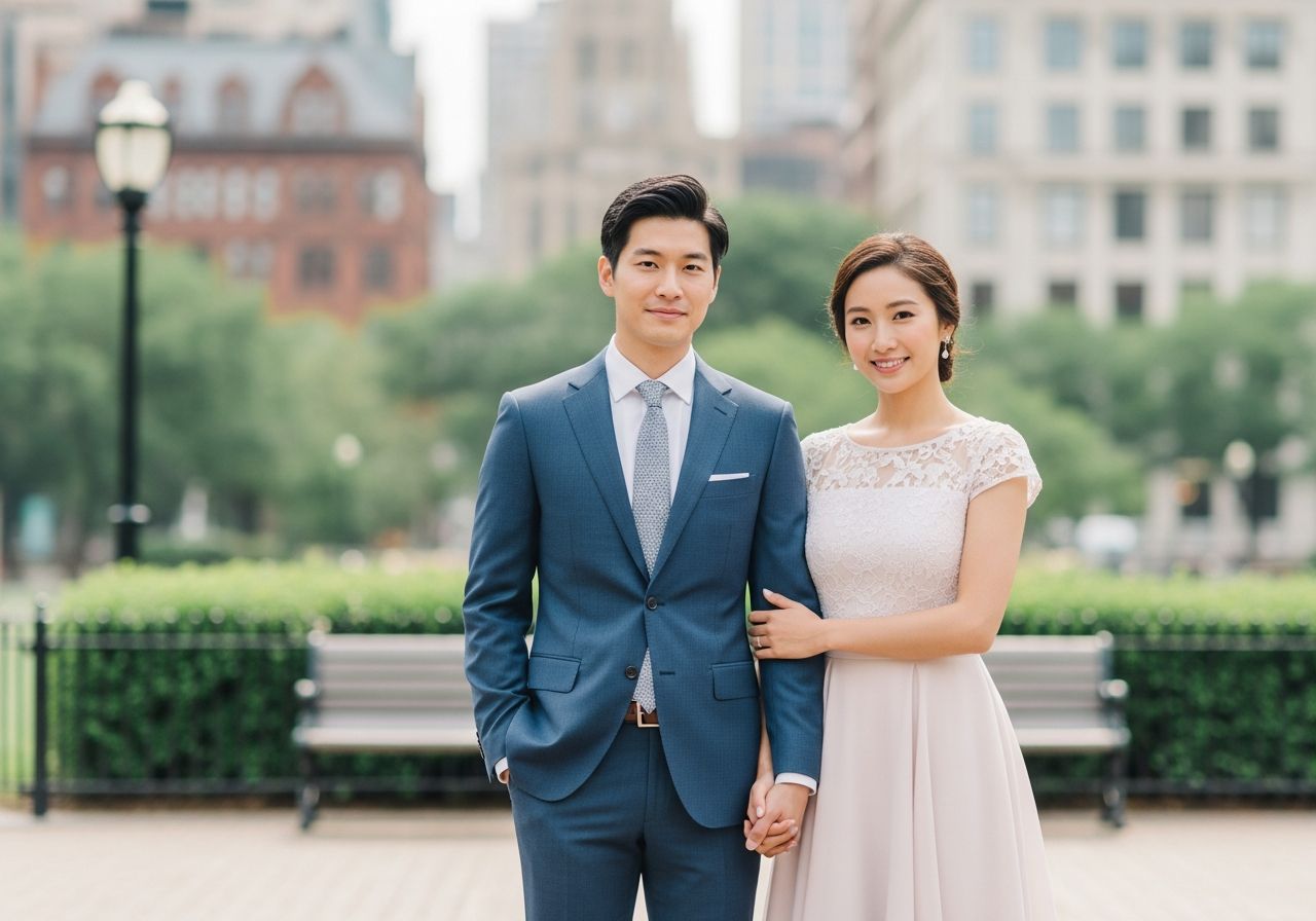 Stylově oblečený pár držící se za ruce v městském parku za denního světla.