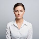 Mladá žena v bílé košili připravující se na fotografii k dokladu na šedém pozadí