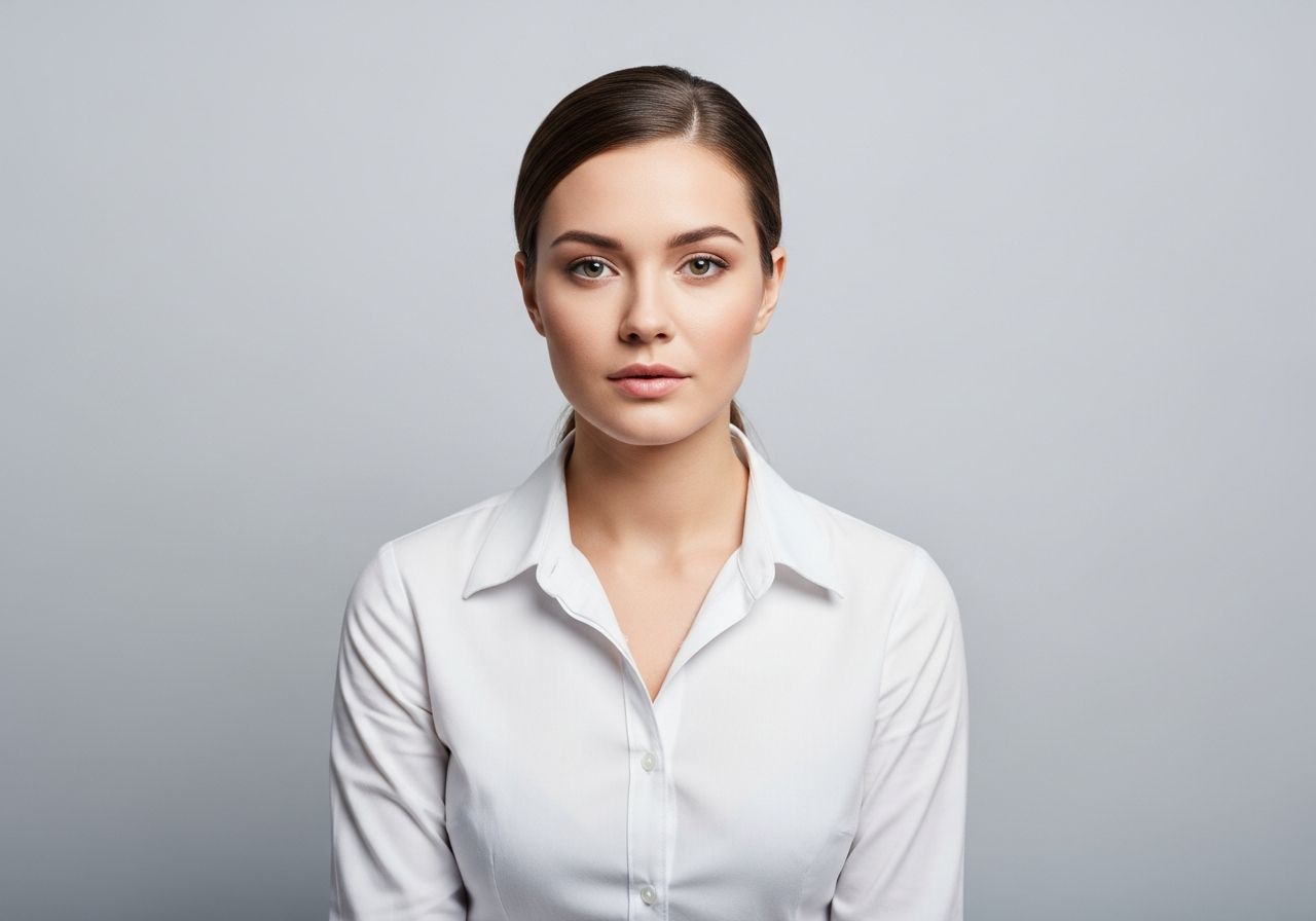 Mladá žena v bílé košili připravující se na fotografii k dokladu na šedém pozadí