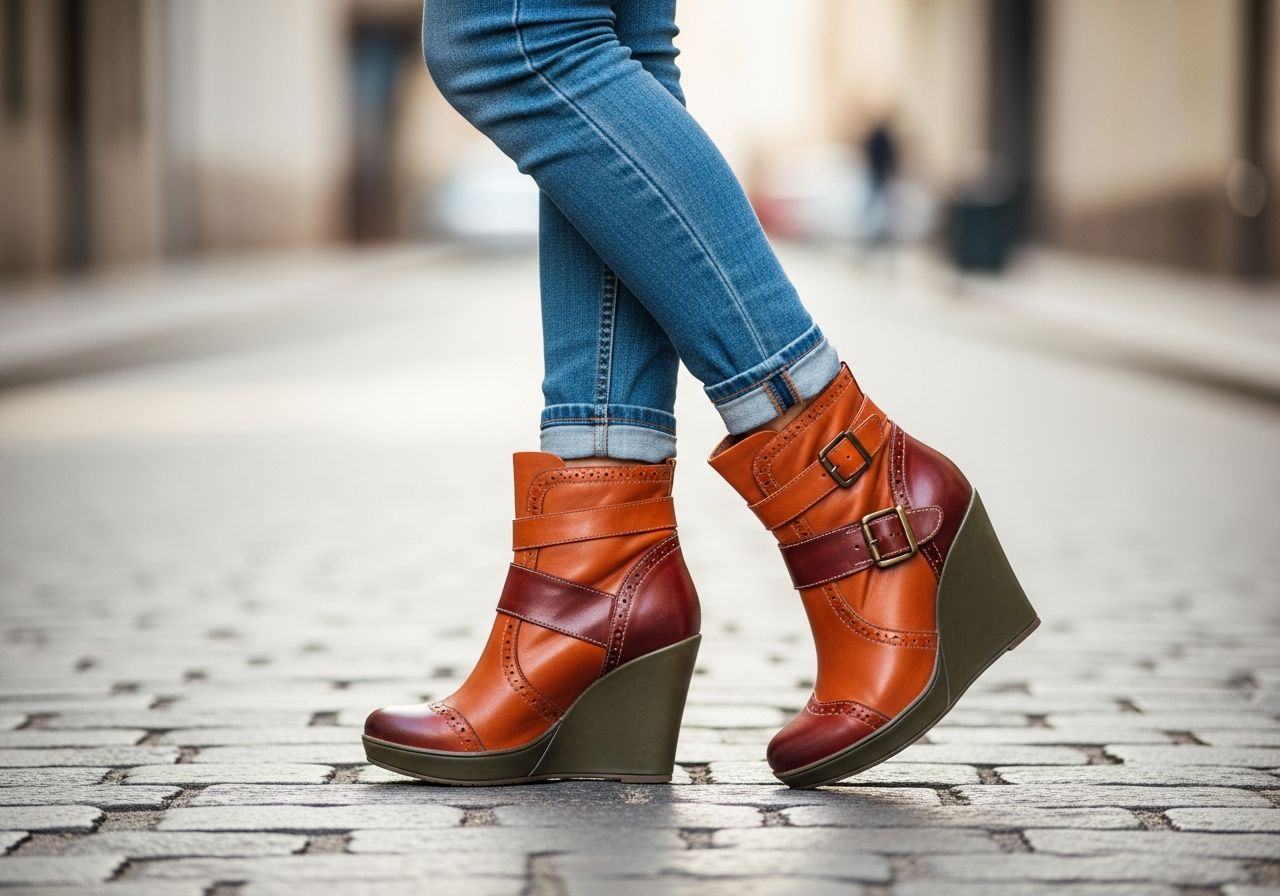 Detailní záběr stylových wedge bot a zkosených skinny džínů na dlažbě ve městě v teplém světle.