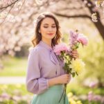 Mladá žena v pastelovém oblečení mezi jarními květinami s jemným úsměvem v rozostřeném zahradním prostředí