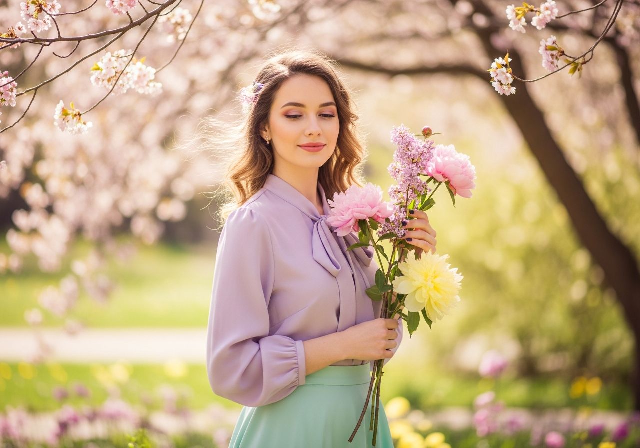 Mladá žena v pastelovém oblečení mezi jarními květinami s jemným úsměvem v rozostřeném zahradním prostředí