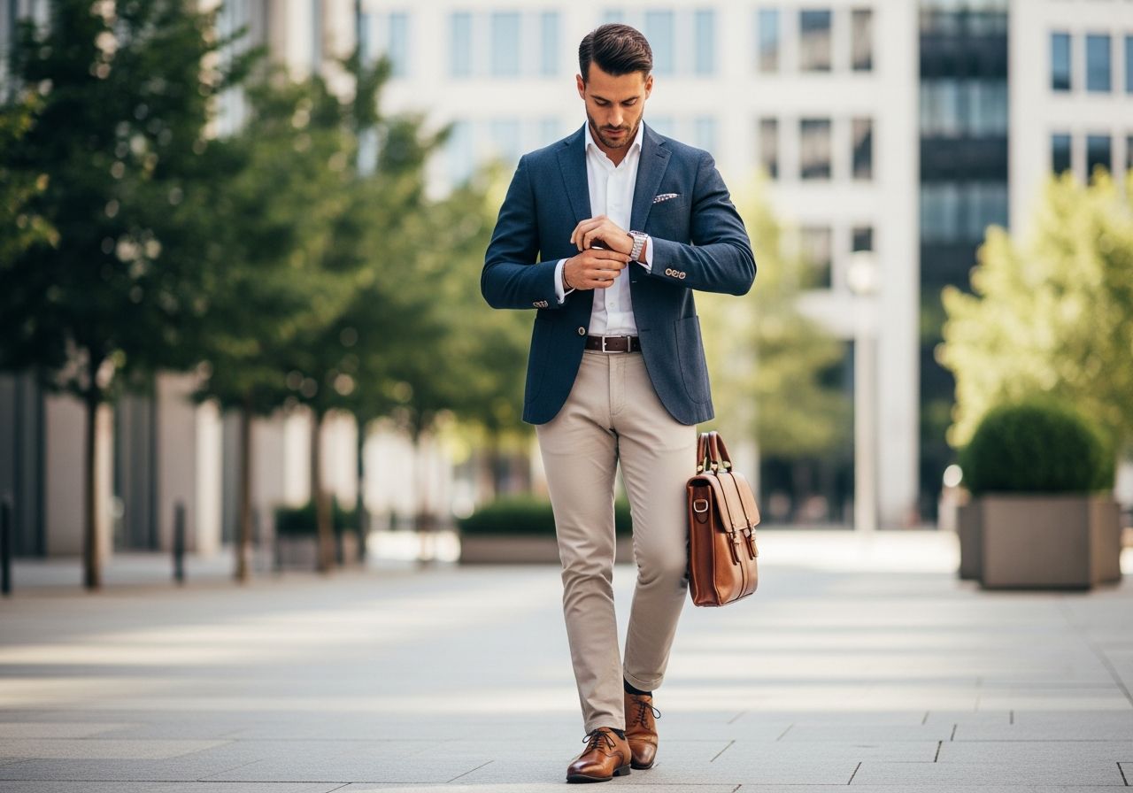 Muž v elegantním oblečení s koženou taškou stojí venku před kancelářskými budovami.