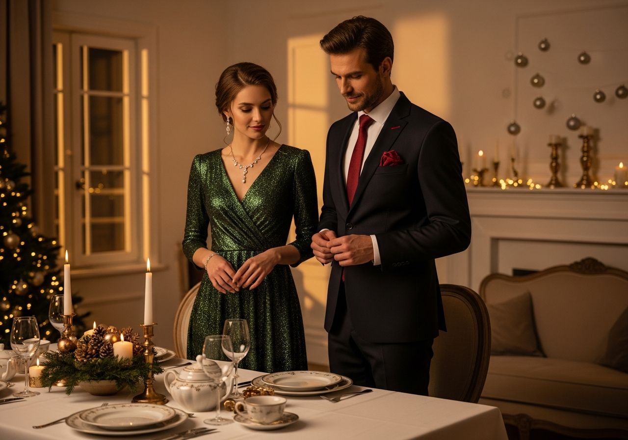 Elegantní pár připravuje vánoční večeři u slavnostně prostřeného stolu v útulném osvětleném obýváku