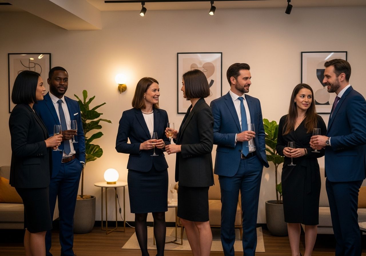 Skupina profesionálů v elegantním oblečení na firemní párty v moderním lounge s přátelskou atmosférou.