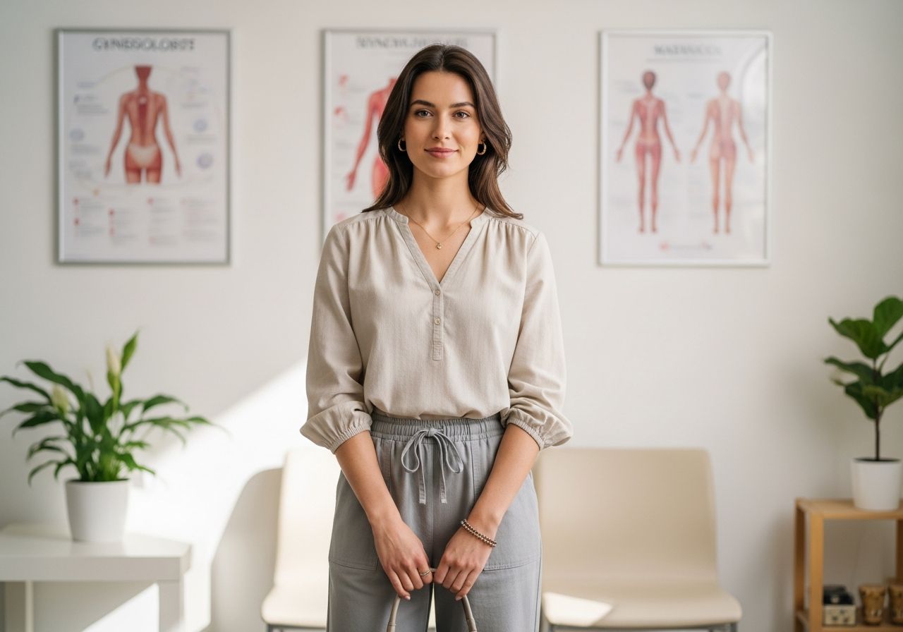 Mladá žena v pohodlném oblečení čeká v moderní gynekologické čekárně s kabelkou v ruce.
