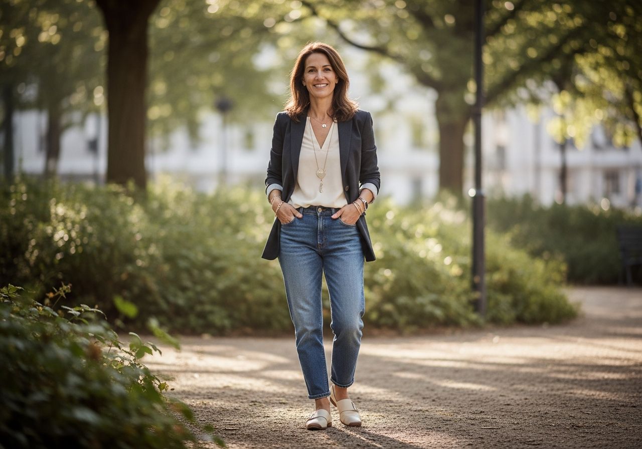 Stylová žena ve 40 letech venku v městském parku, oblečená v saku a džínách, s minimalistickými šperky.